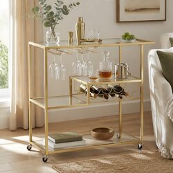 Bar Cart Drink Trolley Serving Wine Rack Glass Holder 102cm Gold Metal Frame