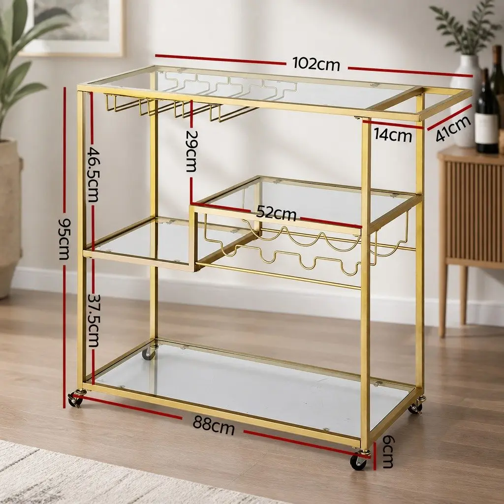 Bar Cart Metal Frame 102cm Gold with Mirrored Tempered Glass Shelves and Removable Wine Rack