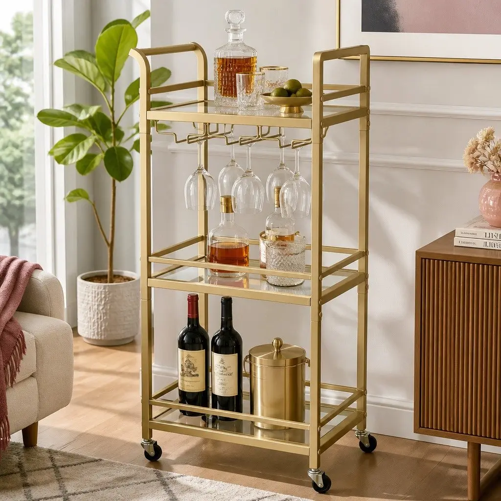 Kitchen Trolley Cart Metal Gold 3-Tier Tempered Glass Rolling Serving Storage 43cm