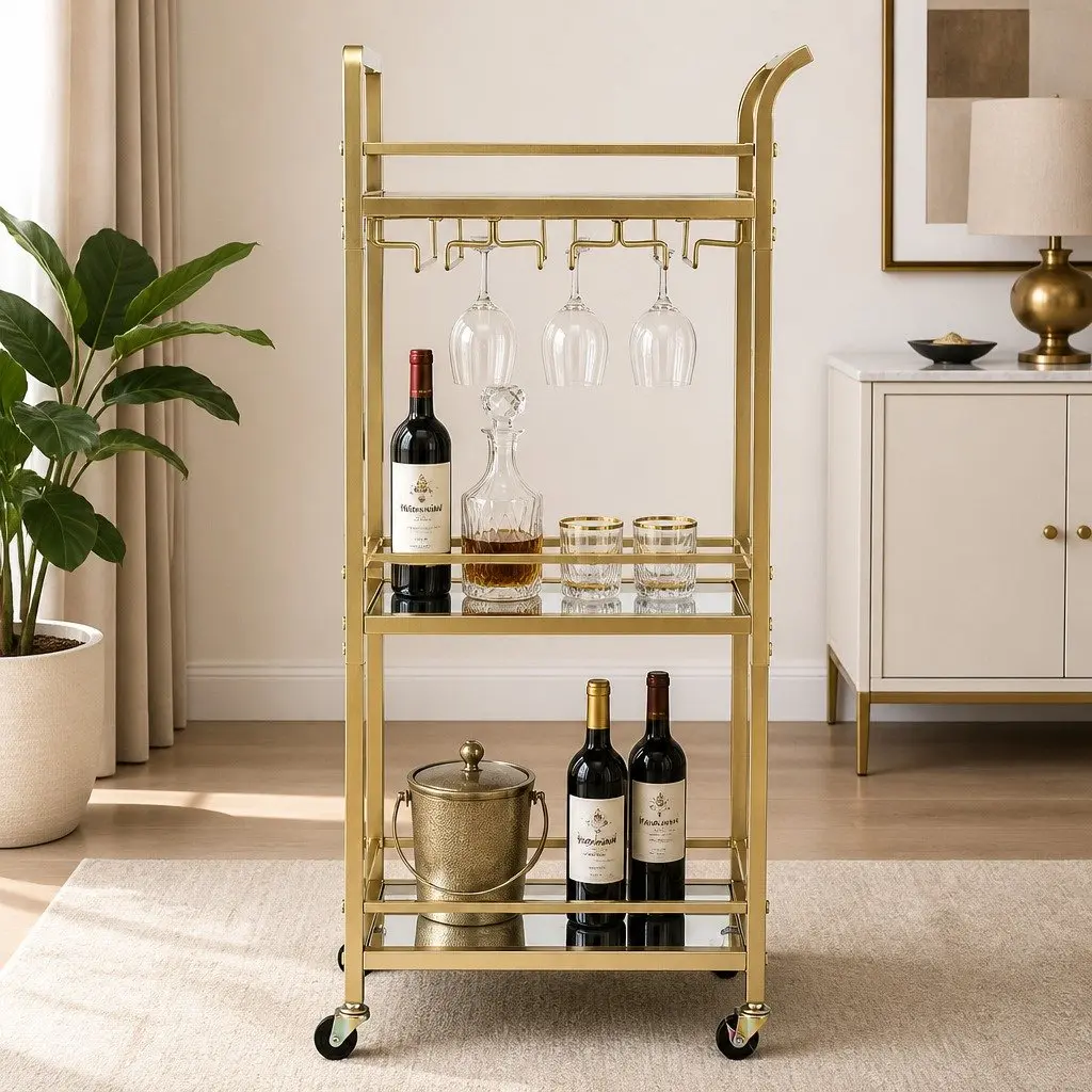 Kitchen Trolley Cart Metal Gold 3-Tier Tempered Glass Rolling Serving Storage 43cm