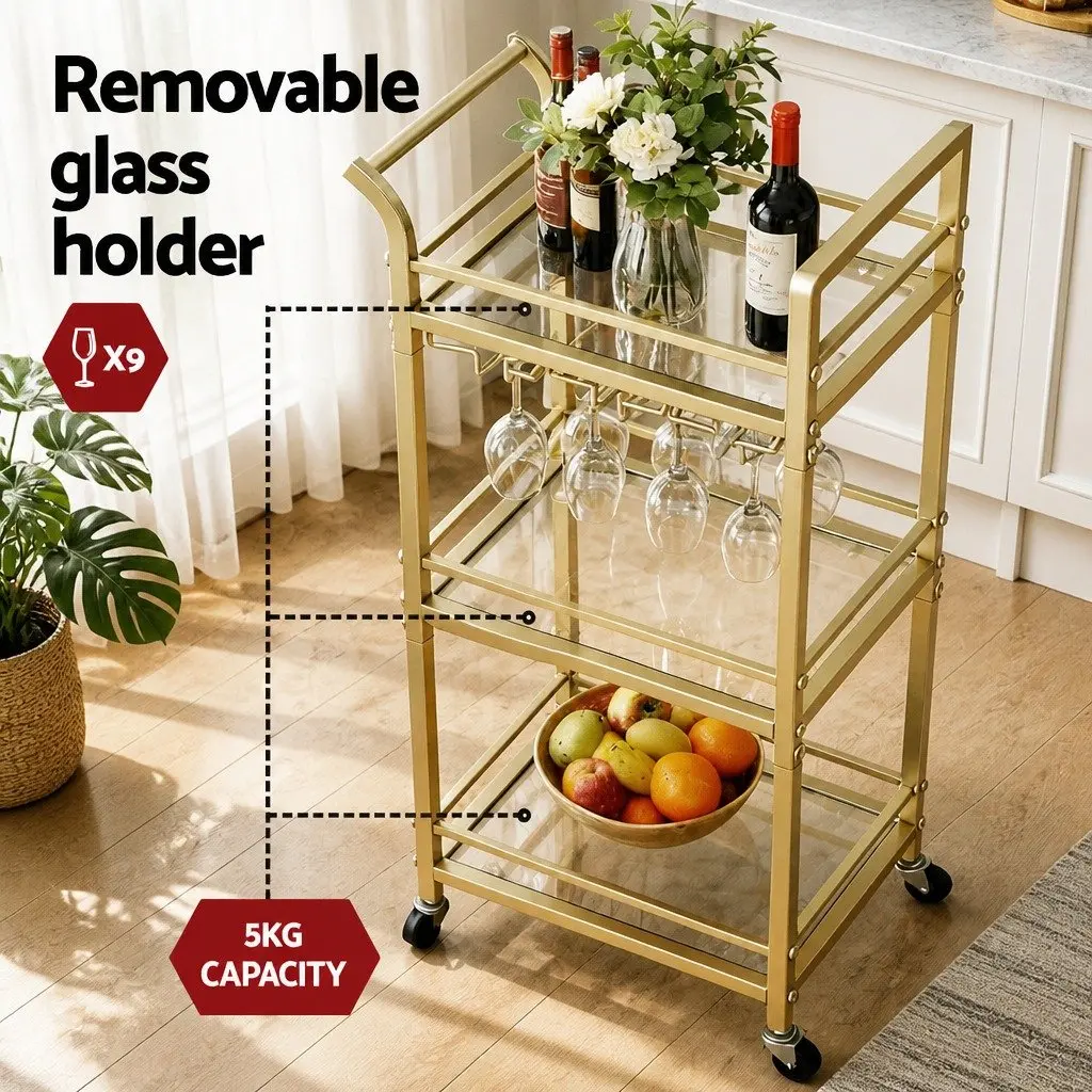 Kitchen Trolley Cart Metal Gold 3-Tier Tempered Glass Rolling Serving Storage 43cm