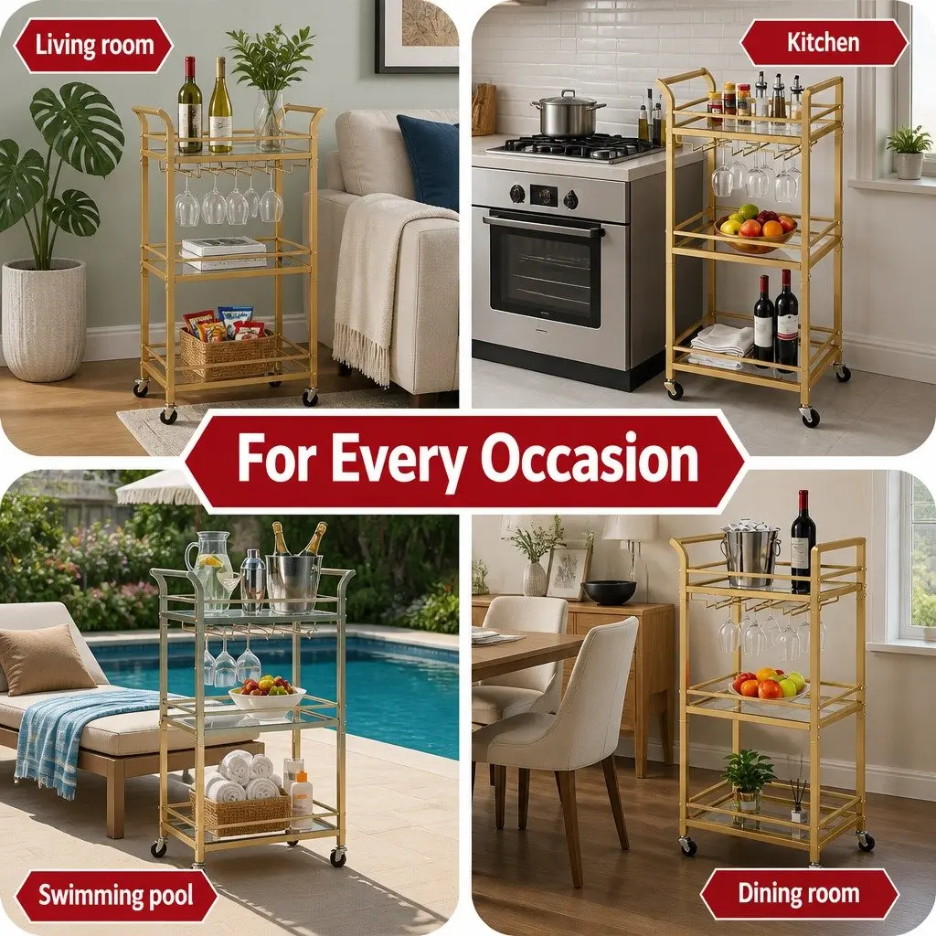 Kitchen Trolley Cart Metal Gold 3-Tier Tempered Glass Rolling Serving Storage 43cm