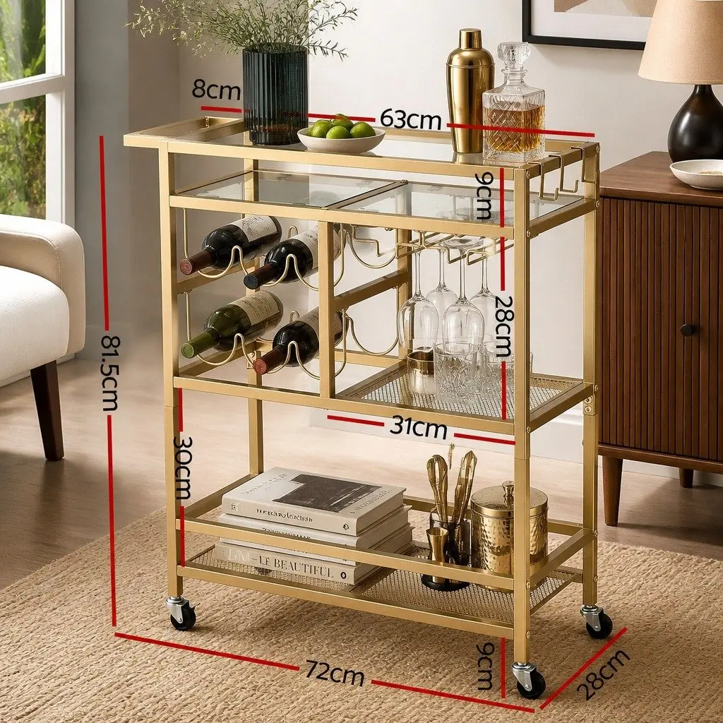 Bar Cart Metal Frame Tempered Glass Shelves 72cm Gold