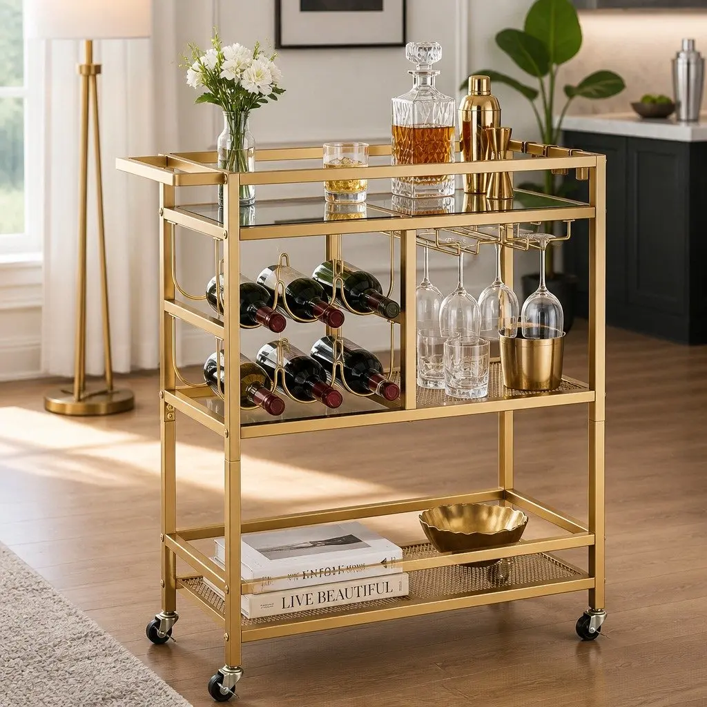 Bar Cart Metal Frame Tempered Glass Shelves 72cm Gold