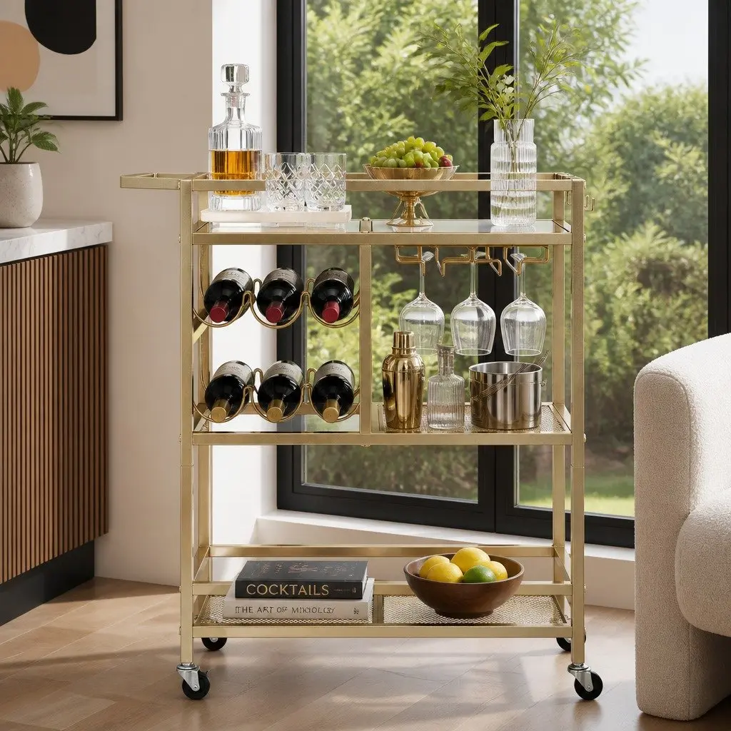 Bar Cart Metal Frame Tempered Glass Shelves 72cm Gold