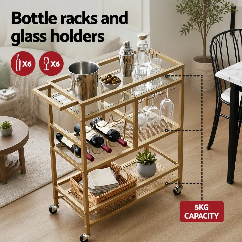 Bar Cart Metal Frame Tempered Glass Shelves 72cm Gold