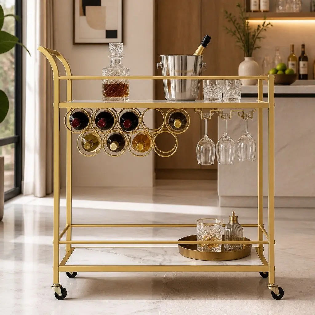 Bar Cart Metal Frame Marble-effect Shelves 85cm Gold