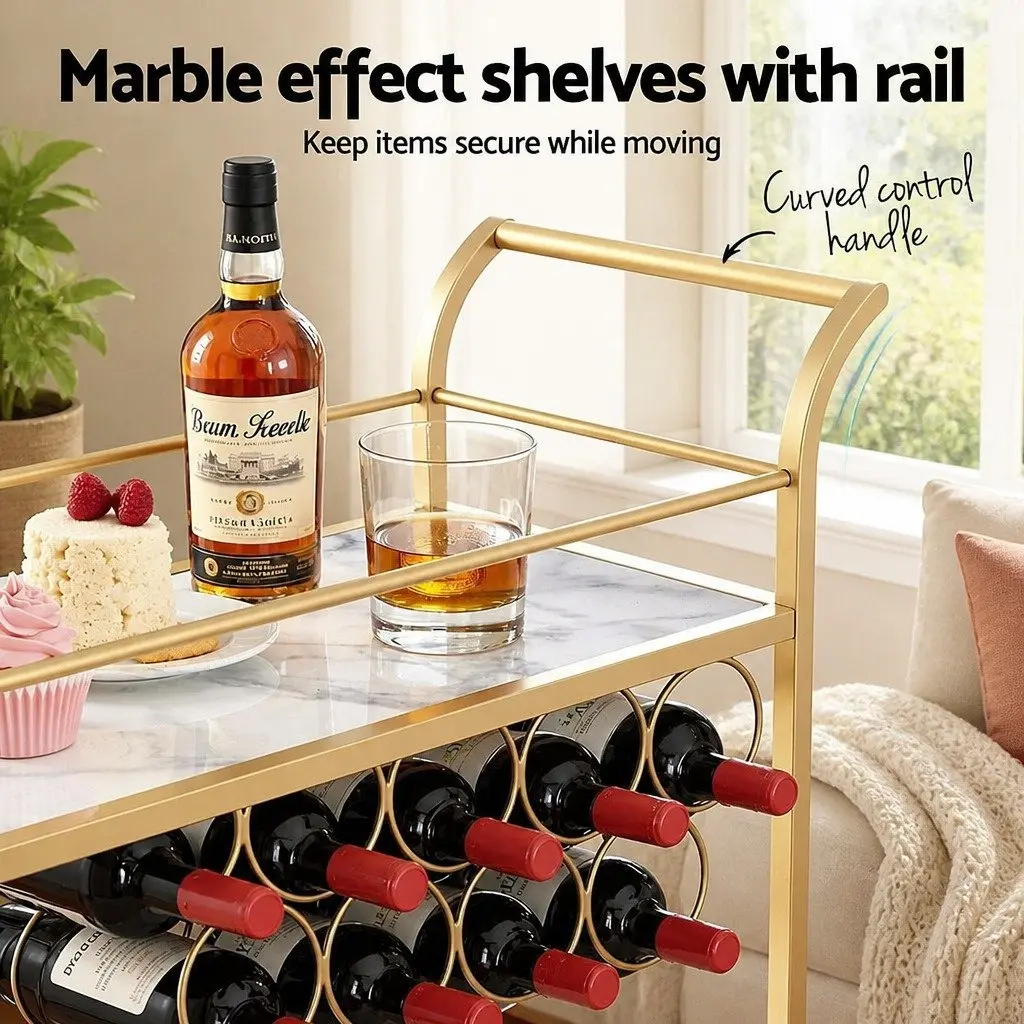 Bar Cart Metal Frame Marble-effect Shelves 85cm Gold