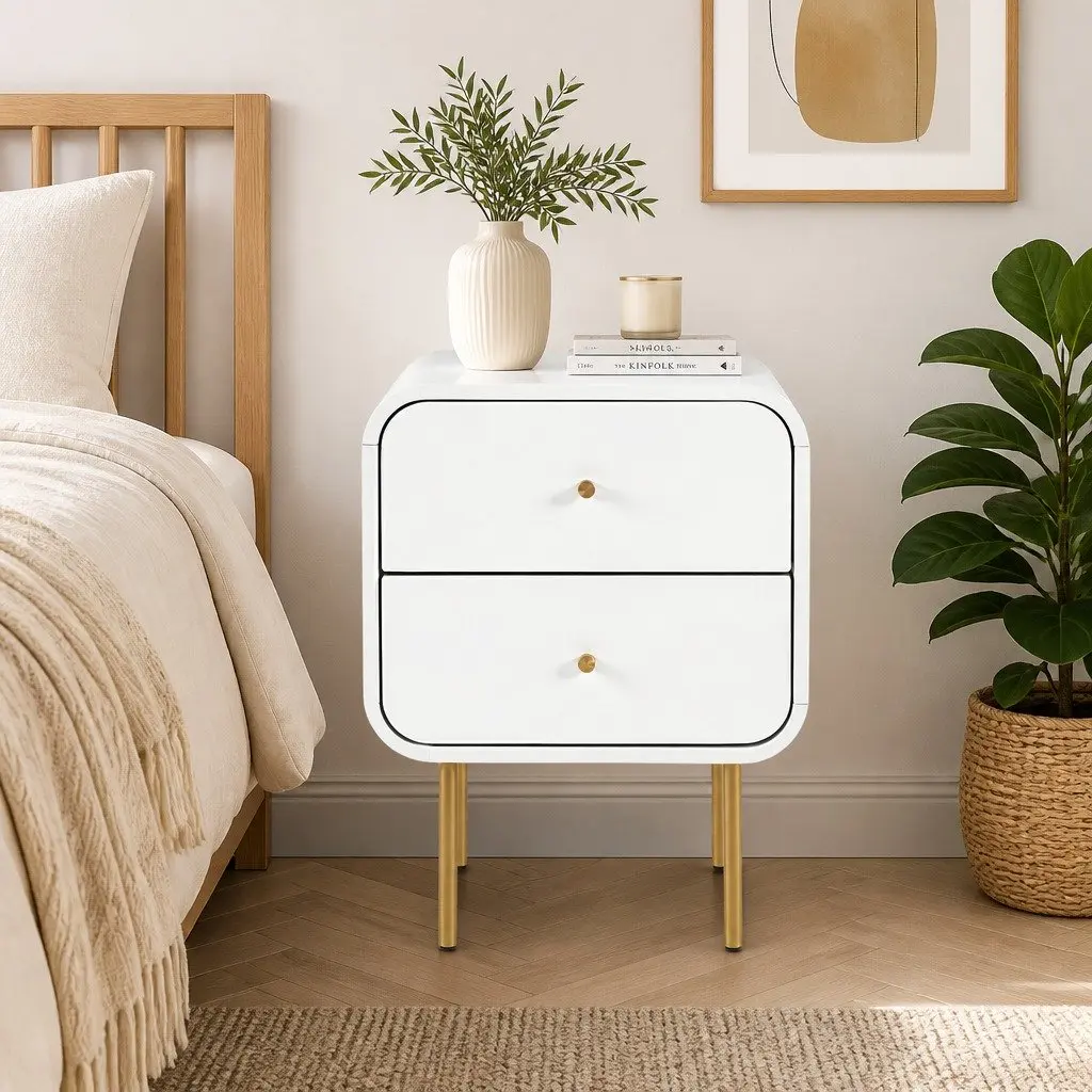 Bedside Table 2 Drawers Side End Table Nightstand White Metal Legs Storage