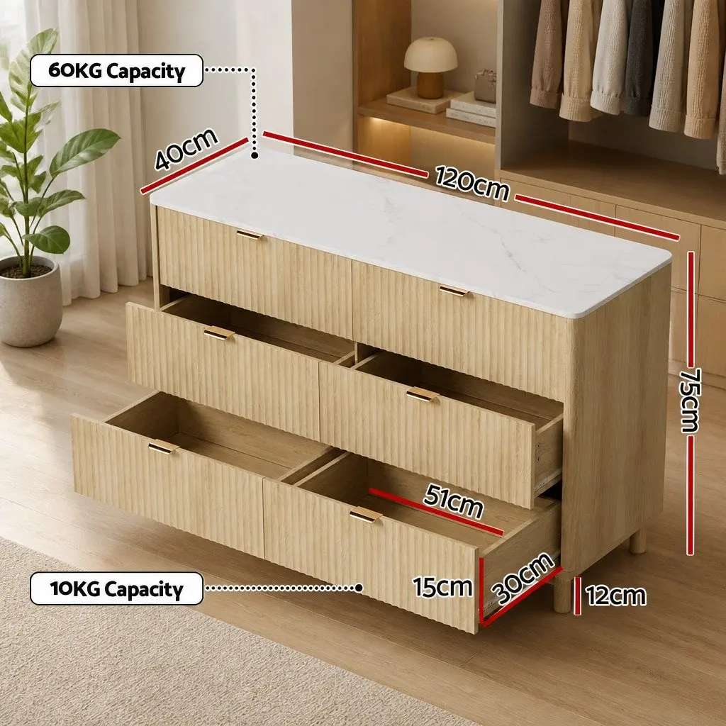 6 Drawer Storage Cabinet Pine Wood Dresser with Fluted Doors Metal Handles 120cm Wide