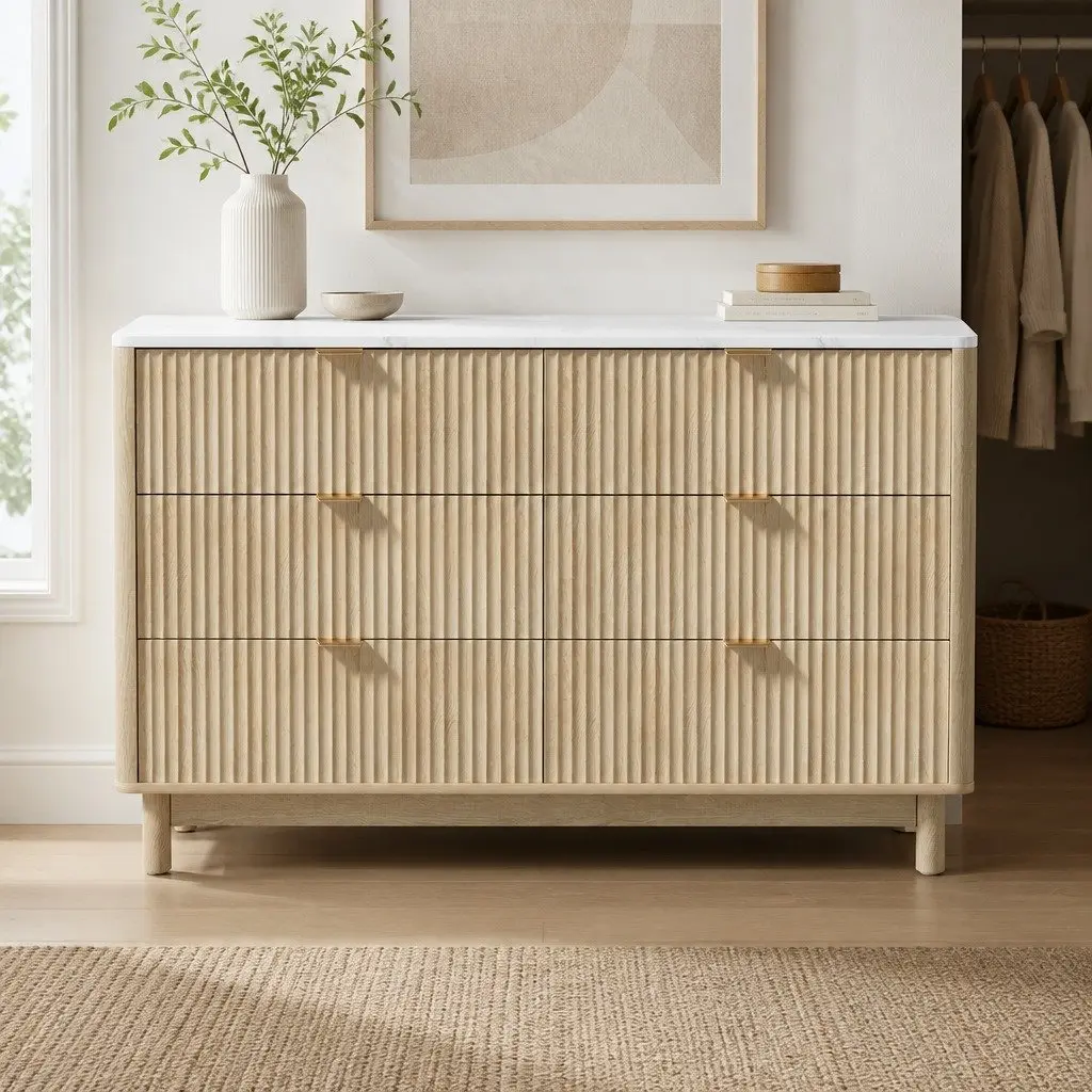 6 Drawer Storage Cabinet Pine Wood Dresser with Fluted Doors Metal Handles 120cm Wide