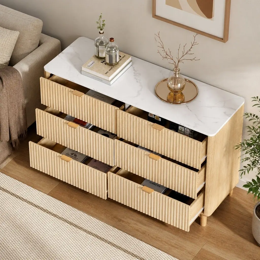 6 Drawer Storage Cabinet Pine Wood Dresser with Fluted Doors Metal Handles 120cm Wide