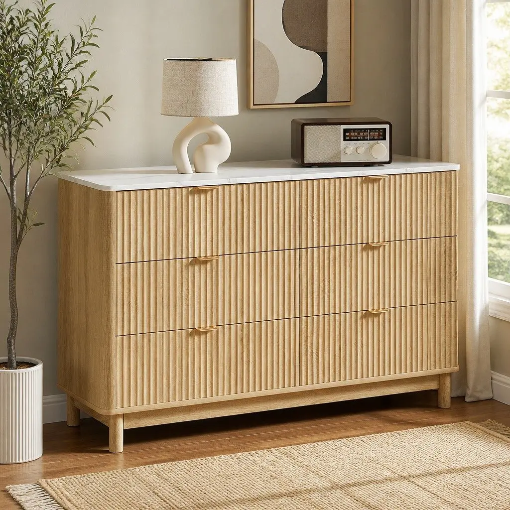 6 Drawer Storage Cabinet Pine Wood Dresser with Fluted Doors Metal Handles 120cm Wide