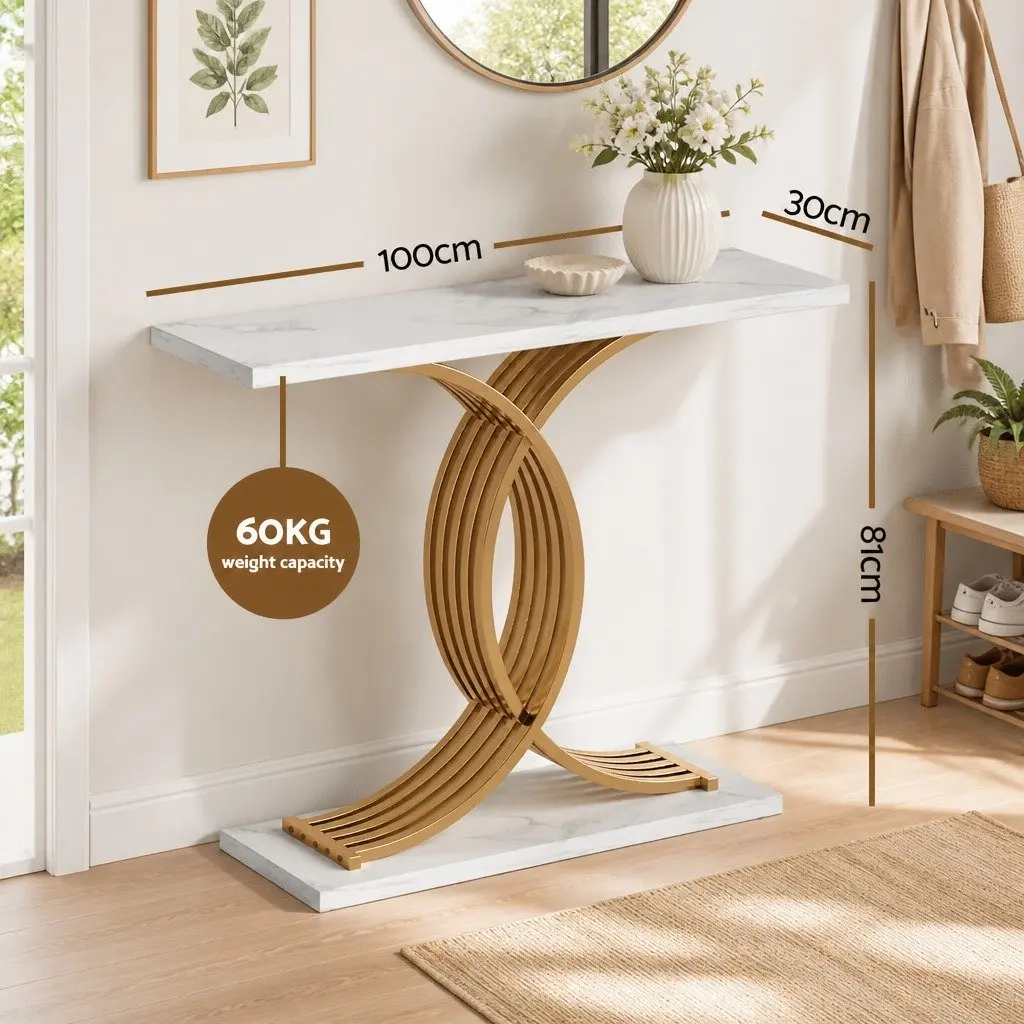Console Table Marble Effect White Gold Hallway Entryway Living Room Side