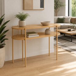 Console Table 124CM Pine Living Room Side Table 2-Tier Storage Metal Frame