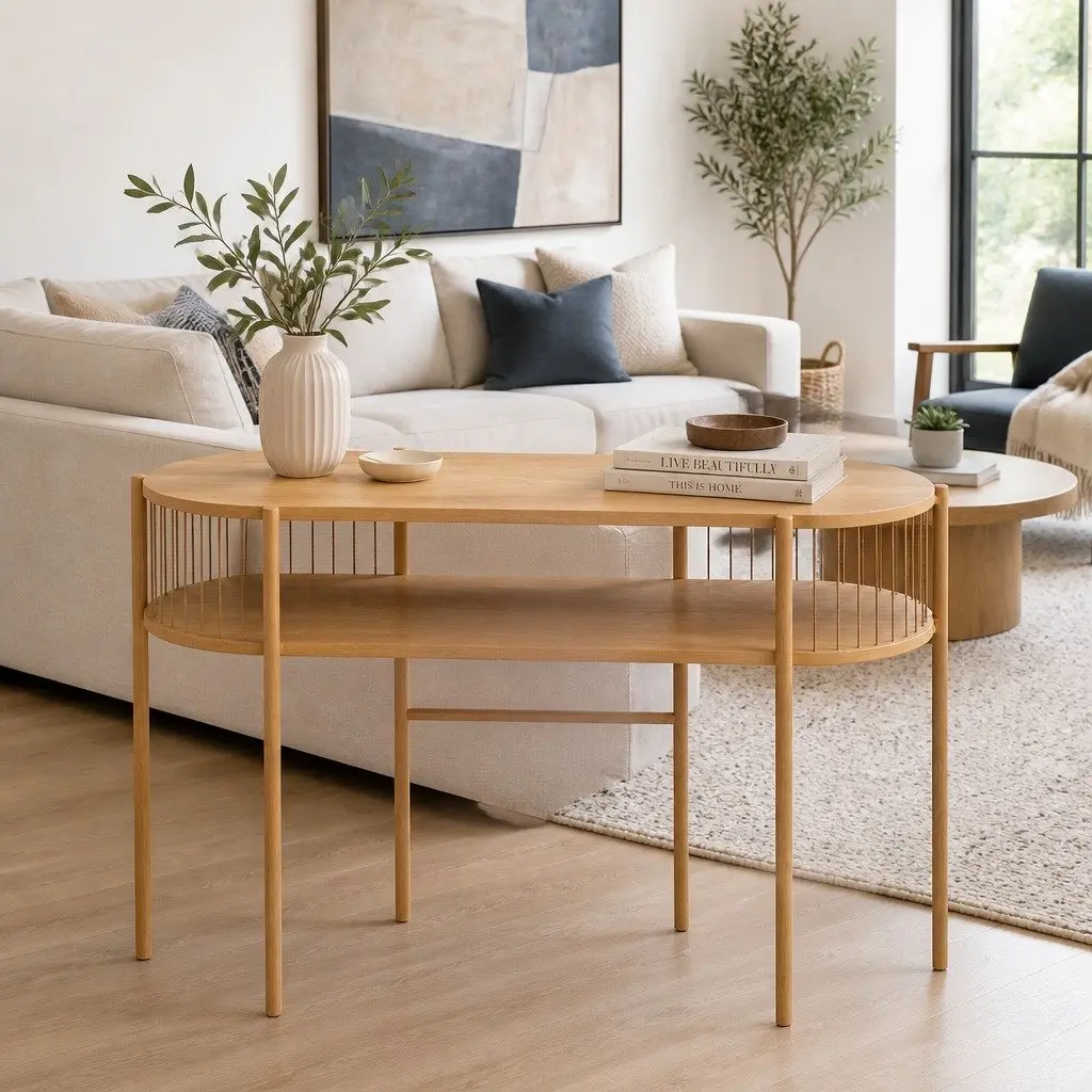 Pine Console Table 124CM Metal Frame Rustic 2-Tier Storage Living Room Side Table
