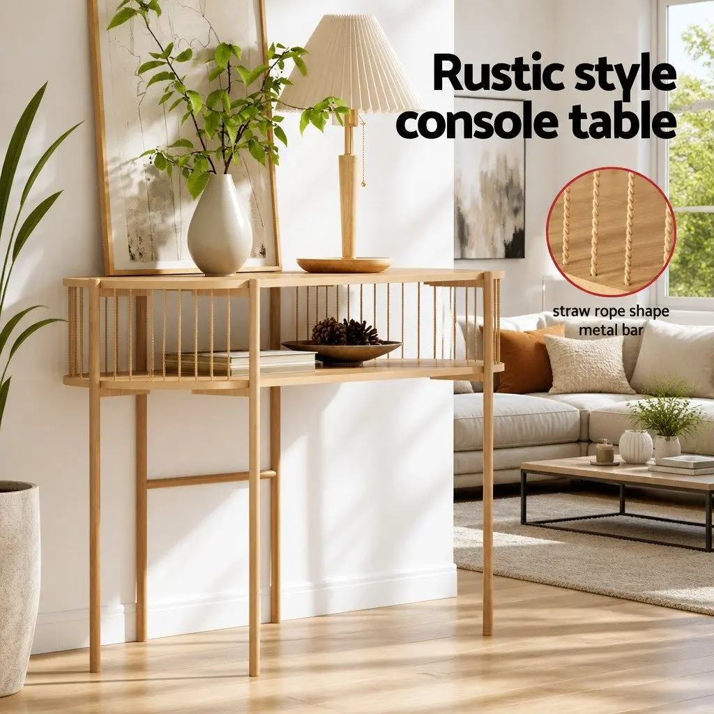 Pine Console Table 124CM Metal Frame Rustic 2-Tier Storage Living Room Side Table