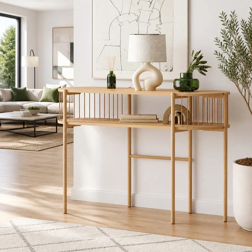 Pine Console Table 124CM Metal Frame Rustic 2-Tier Storage Living Room Side Table