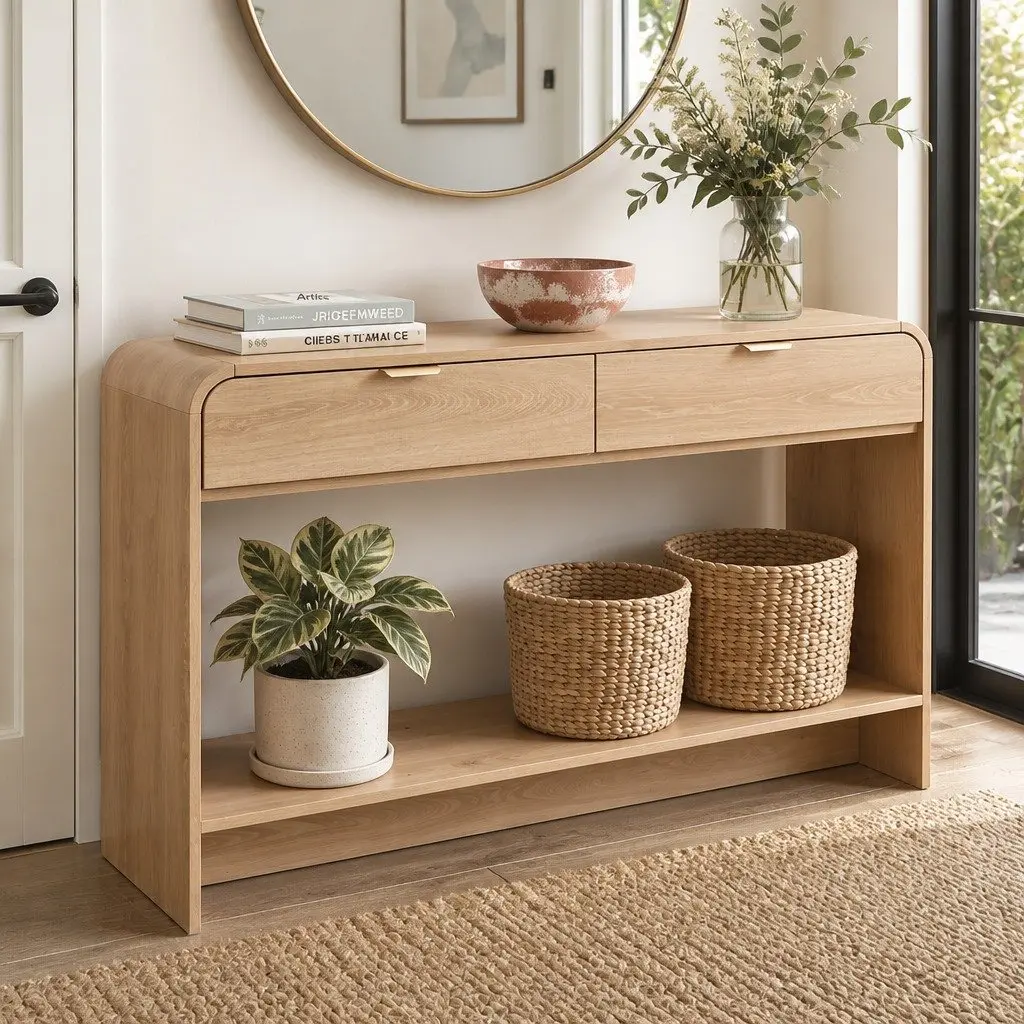 Console Table Hallway Entryway Storage Drawer Shelf Curved Edge 120CM Pine