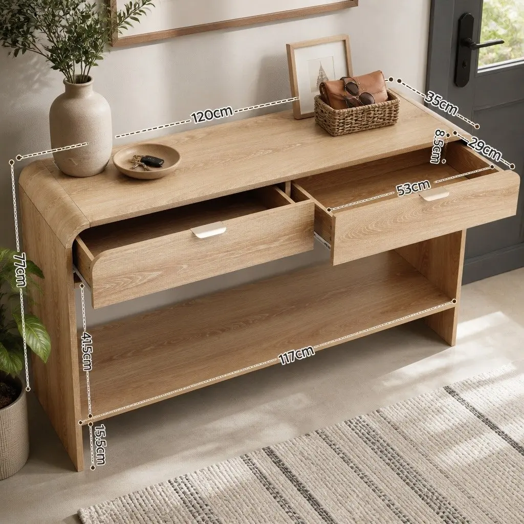 Console Table Pine 120CM Hallway Entryway Storage Drawer Shelf Curved Edge