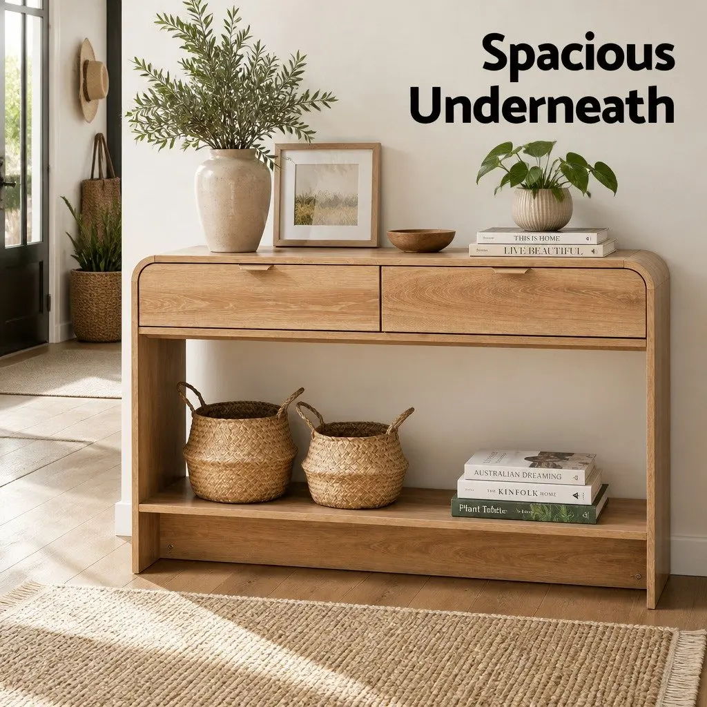 Console Table Pine 120CM Hallway Entryway Storage Drawer Shelf Curved Edge