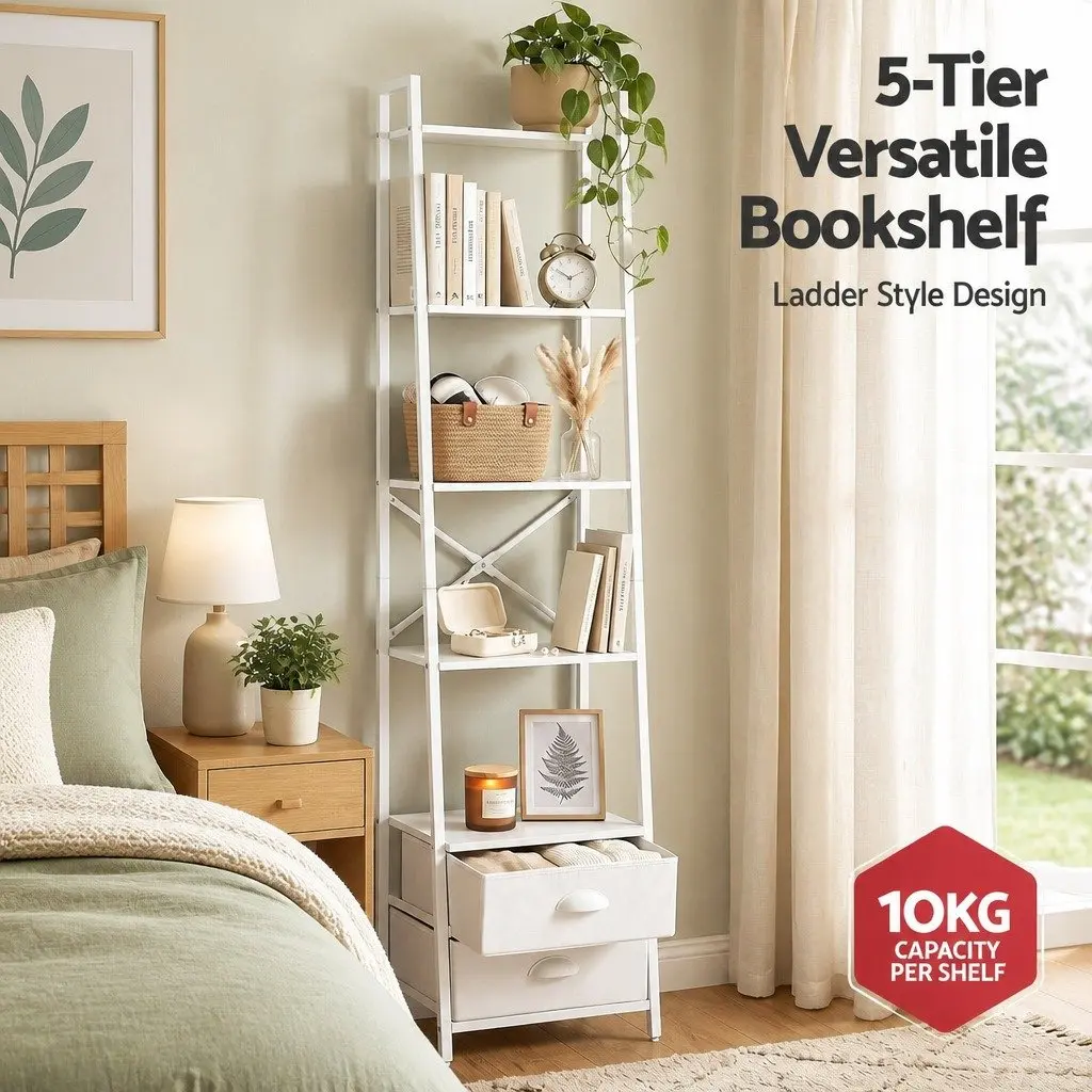 5 Tier Bookcase Storage Unit with Fabric Drawers Metal Frame White Finish