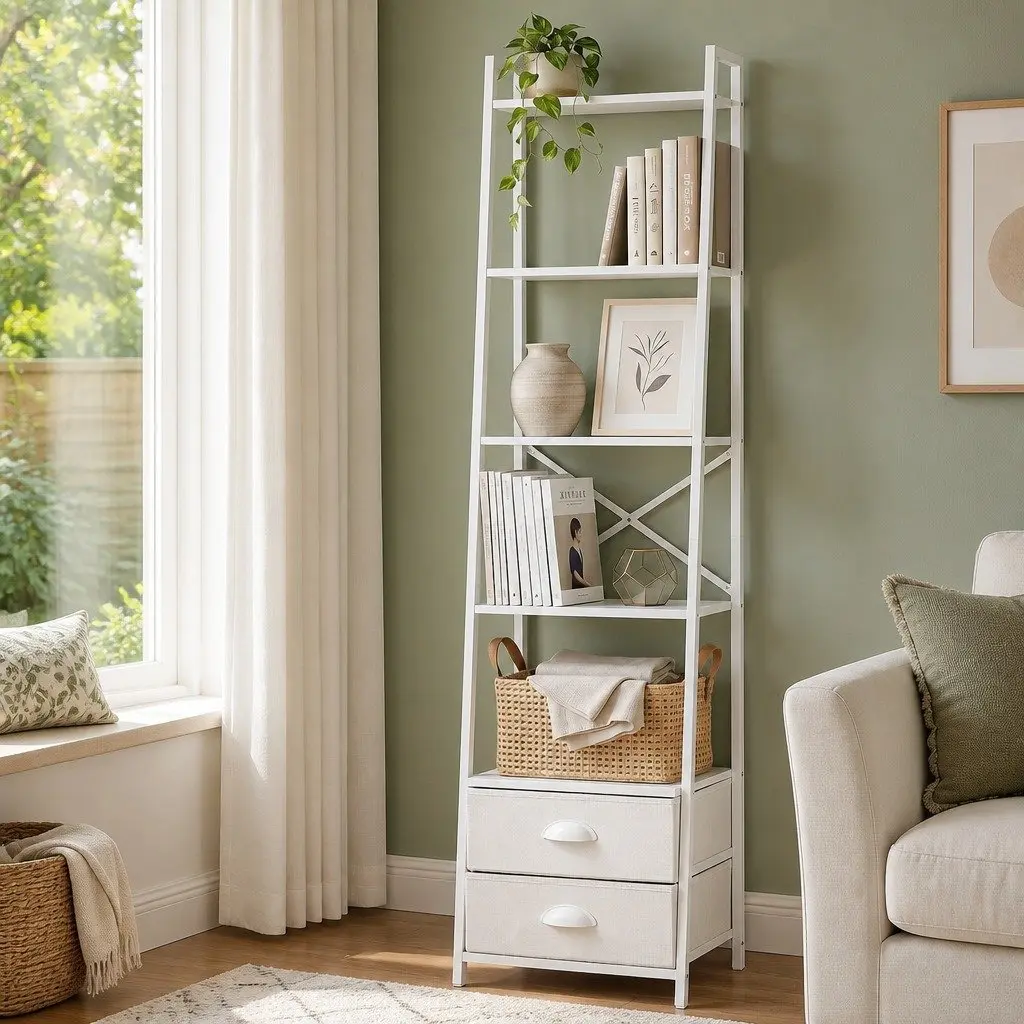 5 Tier Bookcase Storage Unit with Fabric Drawers Metal Frame White Finish