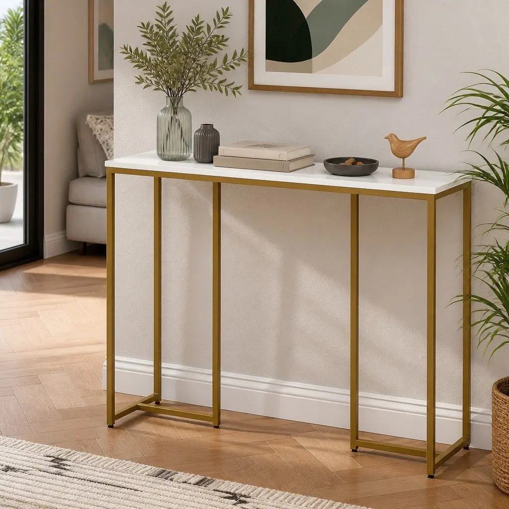 Console Table Marble Effect White Gold Modern Side Hallway Entryway Storage