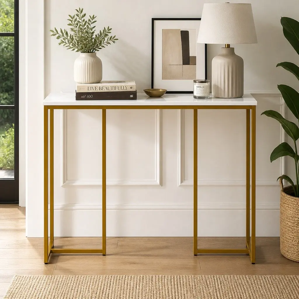 Console Table Marble Effect White Gold Modern Side Hallway Entryway Storage