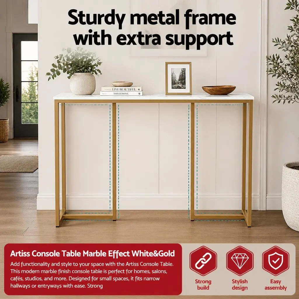 Console Table Marble Effect White Gold Modern Side Hallway Entryway Storage