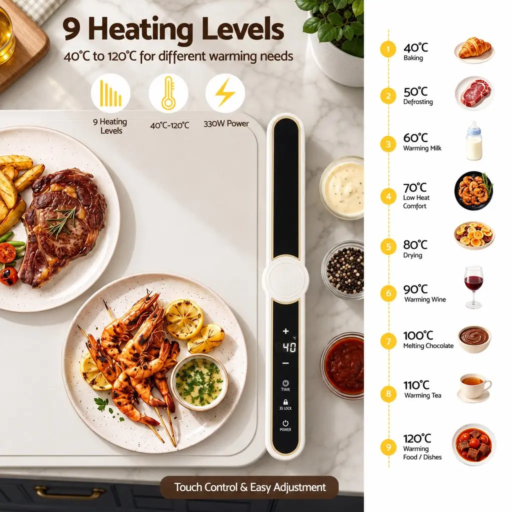 Electric Food Warming Mat 60 x 38cm Countertop Warmer Tray 9 Heat Levels Timer