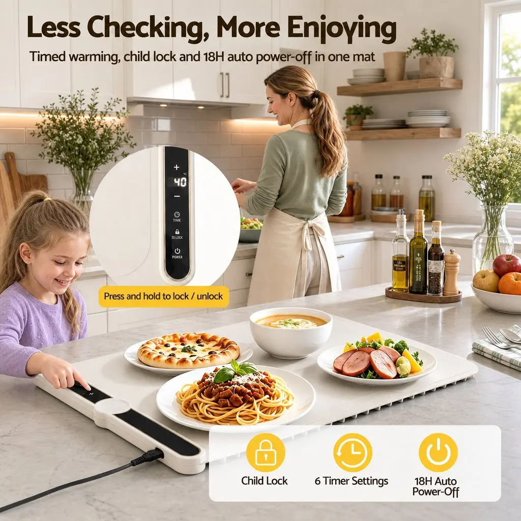 Electric Food Warming Mat 60 x 38cm Countertop Warmer Tray 9 Heat Levels Timer