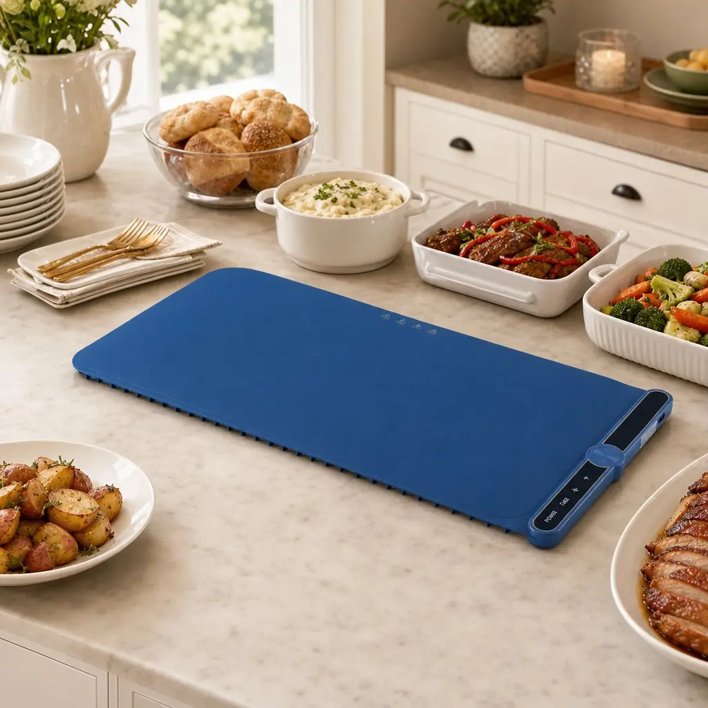 Food Warming Mat 80cm Electric Heating Tray Roll Up Buffet Dish Warmer Blue