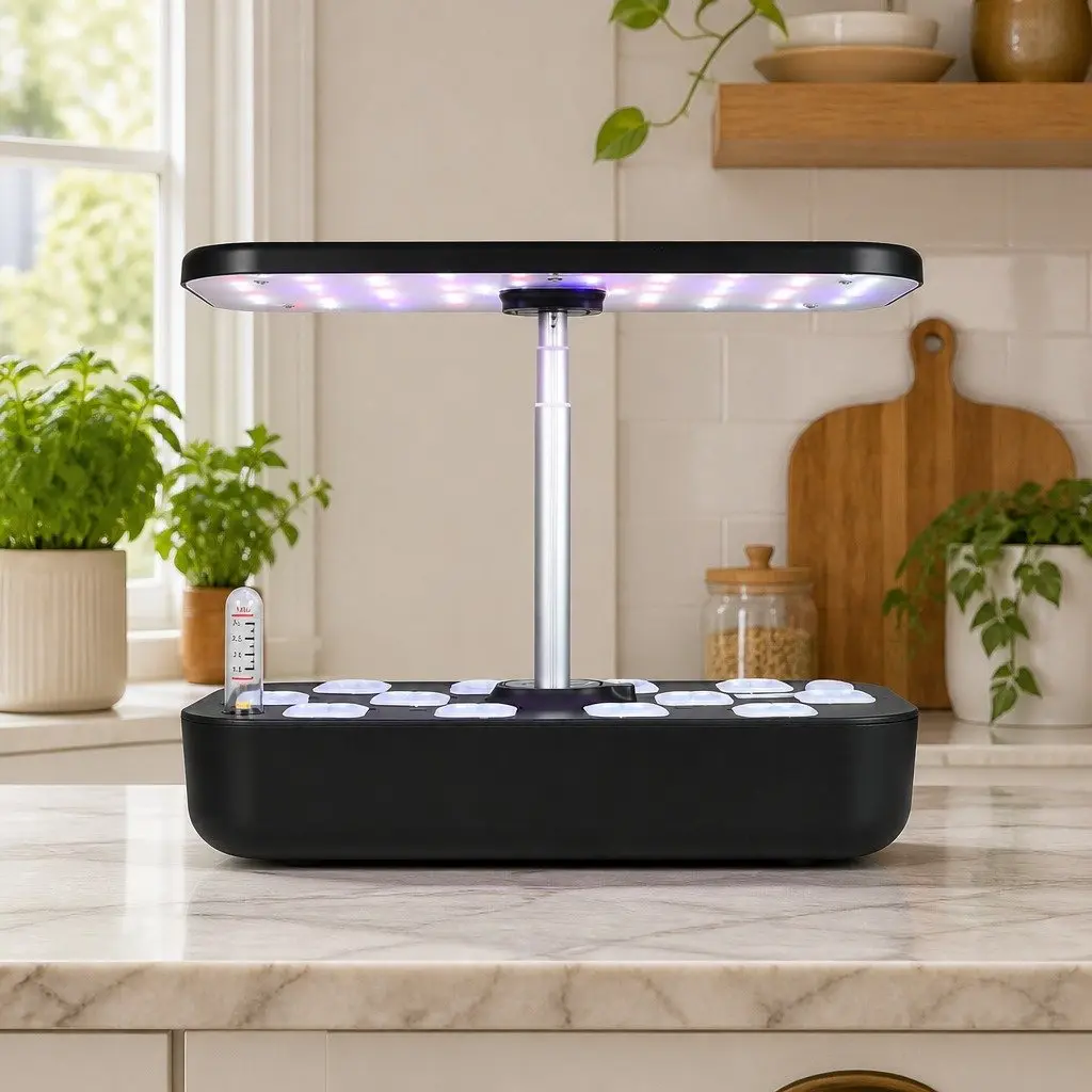 Hydroponic Growing System Indoor Plastic 12 Plants Black Herb Garden with LED Grow Lights