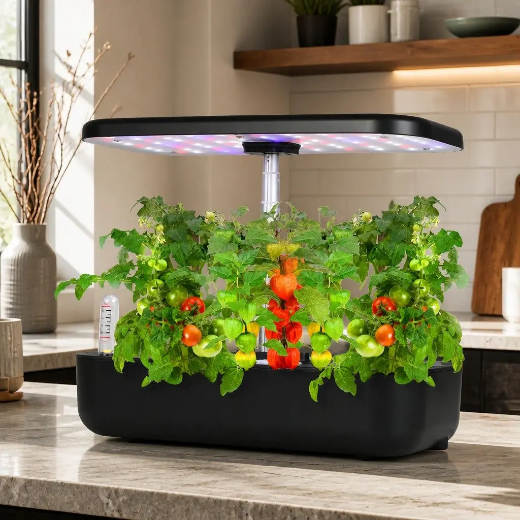 Hydroponic Growing System Indoor Plastic 12 Plants Black Herb Garden with LED Grow Lights