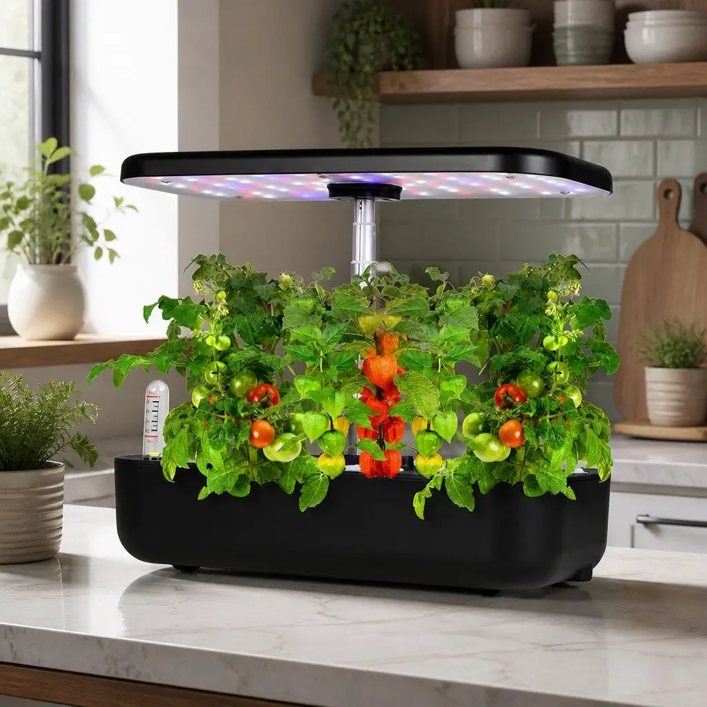Hydroponic Growing System Indoor Plastic 12 Plants Black Herb Garden with LED Grow Lights