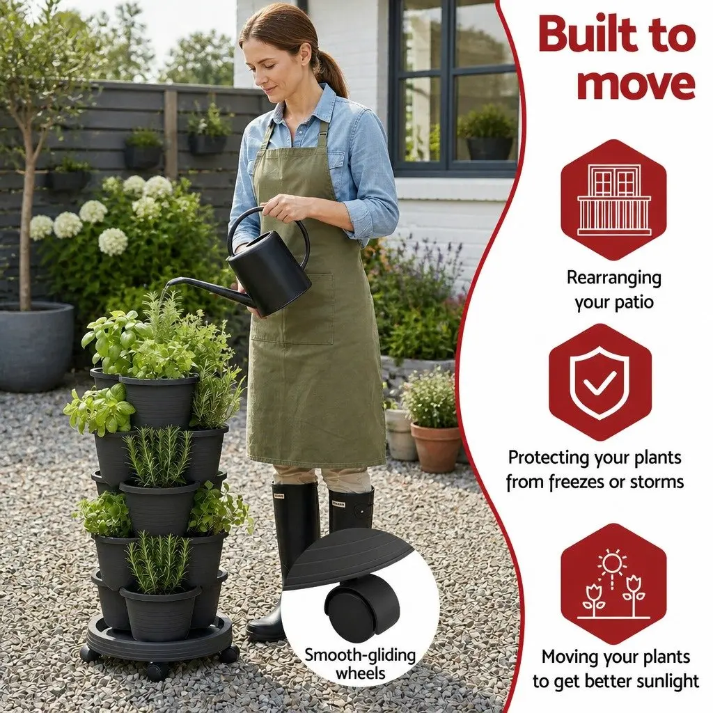 5-Tier Vertical Garden Planter Plastic Dark Grey Stackable Indoor Outdoor