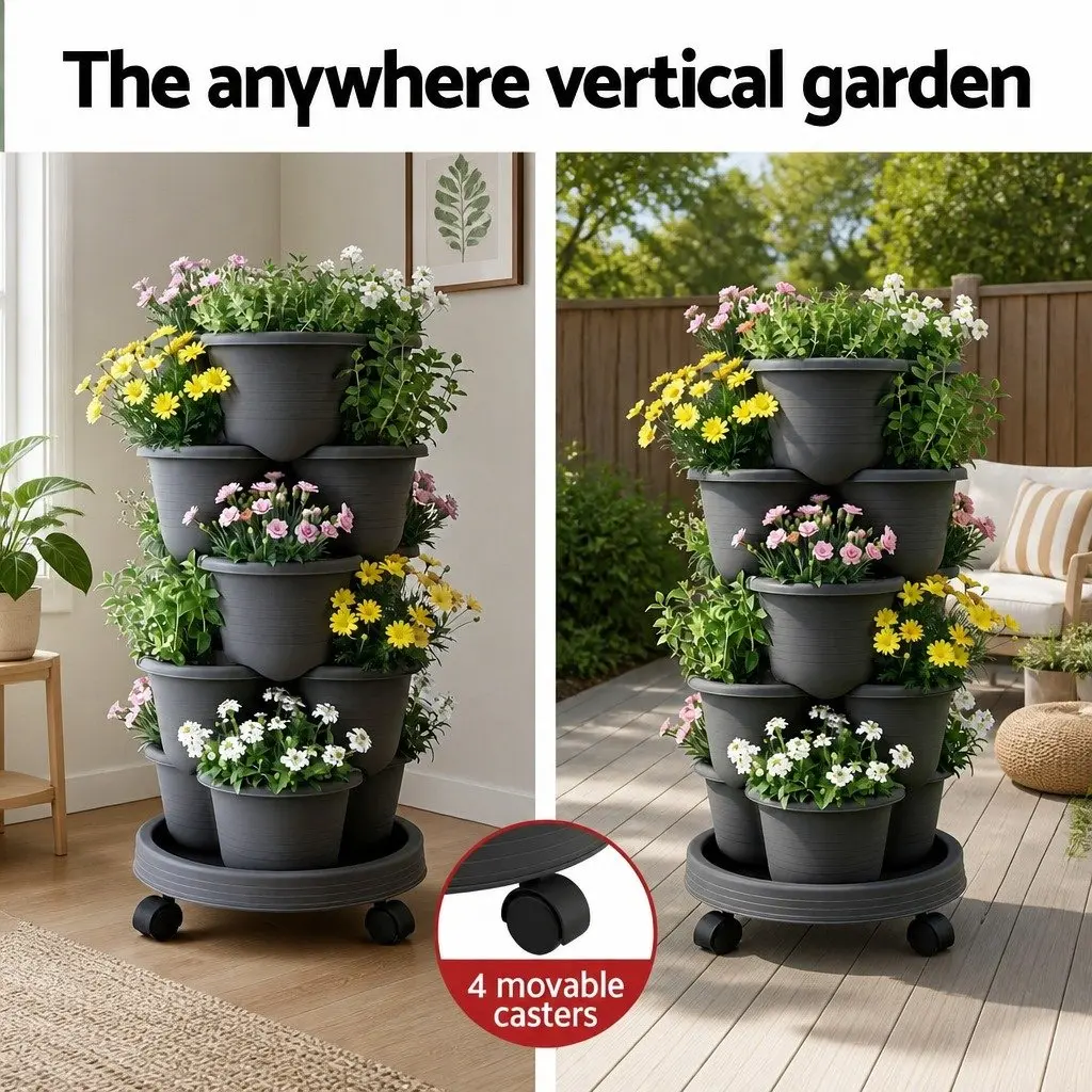 5-Tier Vertical Garden Planter Plastic Dark Grey Stackable Indoor Outdoor