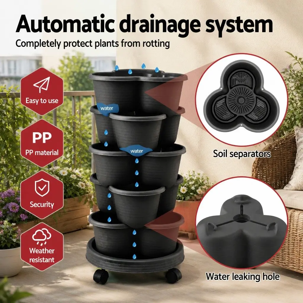 5-Tier Vertical Garden Planter Plastic Dark Grey Stackable Indoor Outdoor