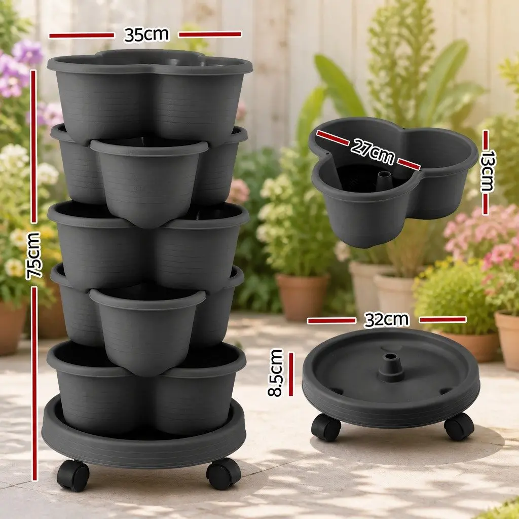 5-Tier Vertical Garden Planter Plastic Dark Grey Stackable Indoor Outdoor