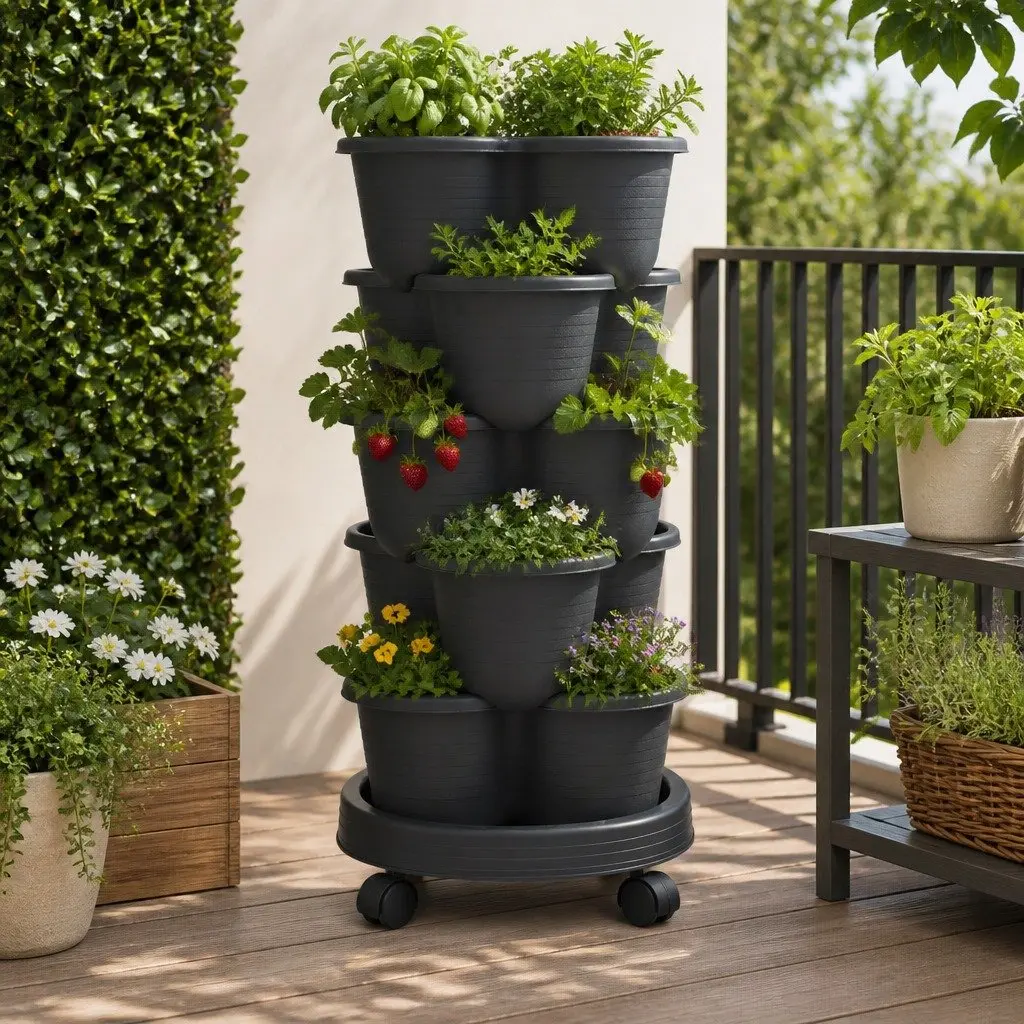 5-Tier Vertical Garden Planter Plastic Dark Grey Stackable Indoor Outdoor