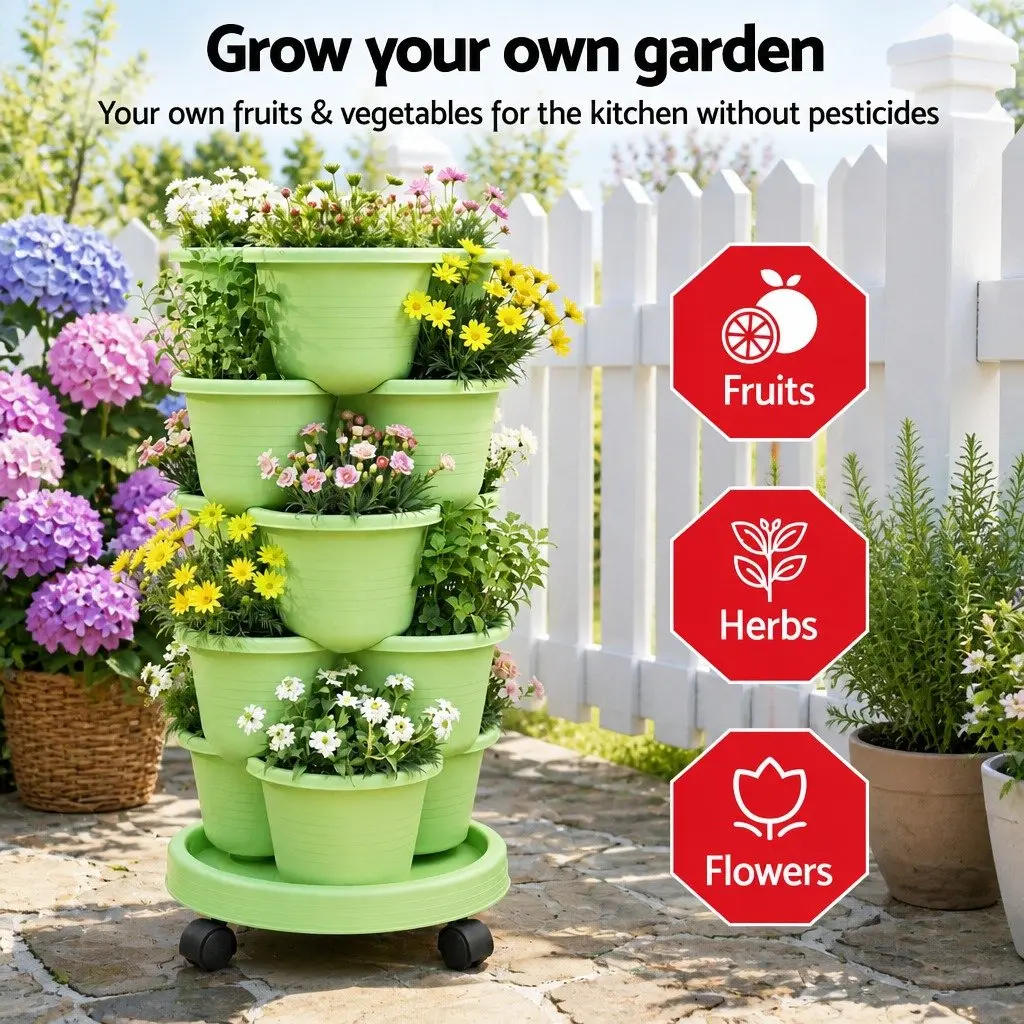 5-Tier Vertical Garden Planter Stackable Tower PP Light Green Indoor Outdoor