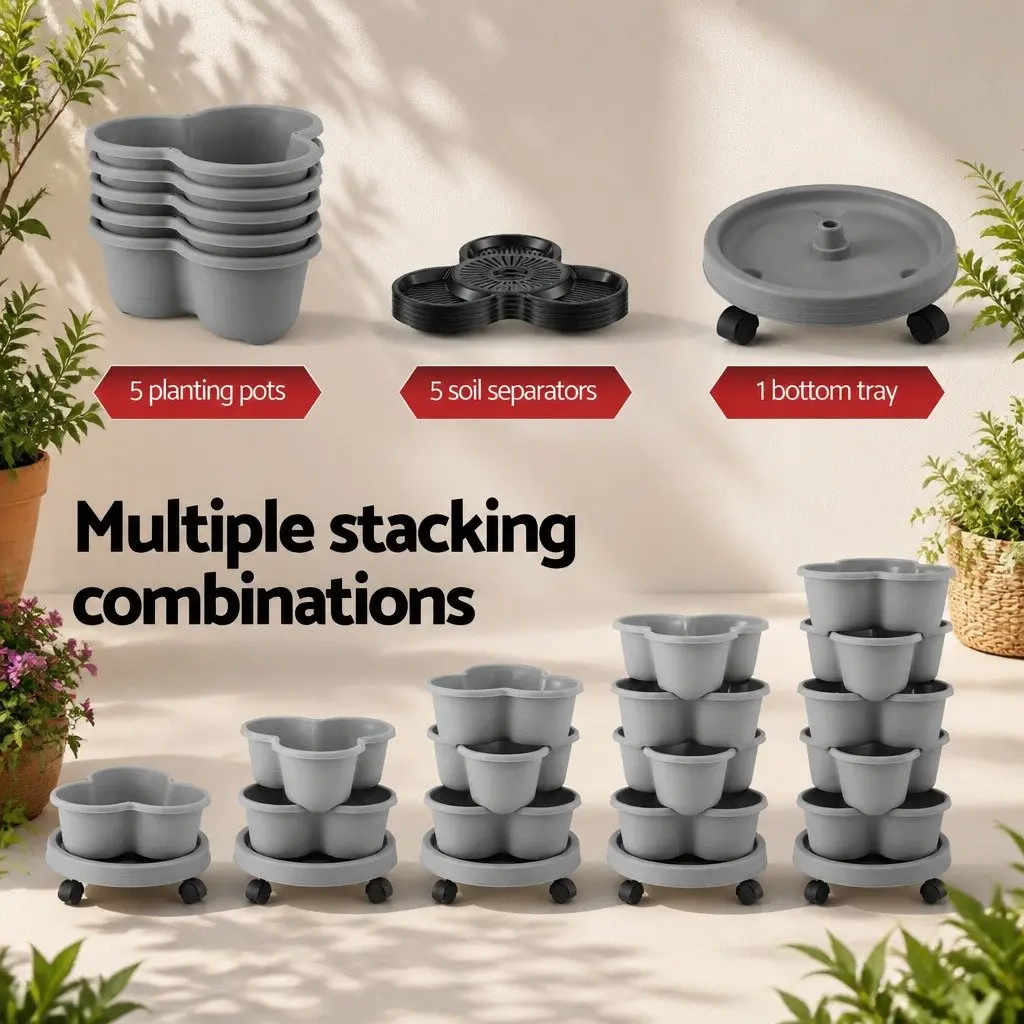 5 Tier Vertical Garden Planter Plastic Light Grey Stackable Indoor Outdoor