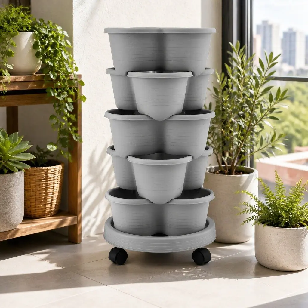 5 Tier Vertical Garden Planter Plastic Light Grey Stackable Indoor Outdoor