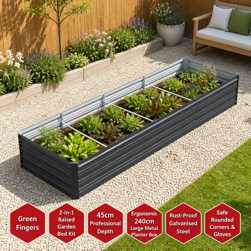 Raised Garden Bed Galvanised Steel 240cm Aluminium Grey 45cm Height Ergonomic 2-in-1 Planter Box