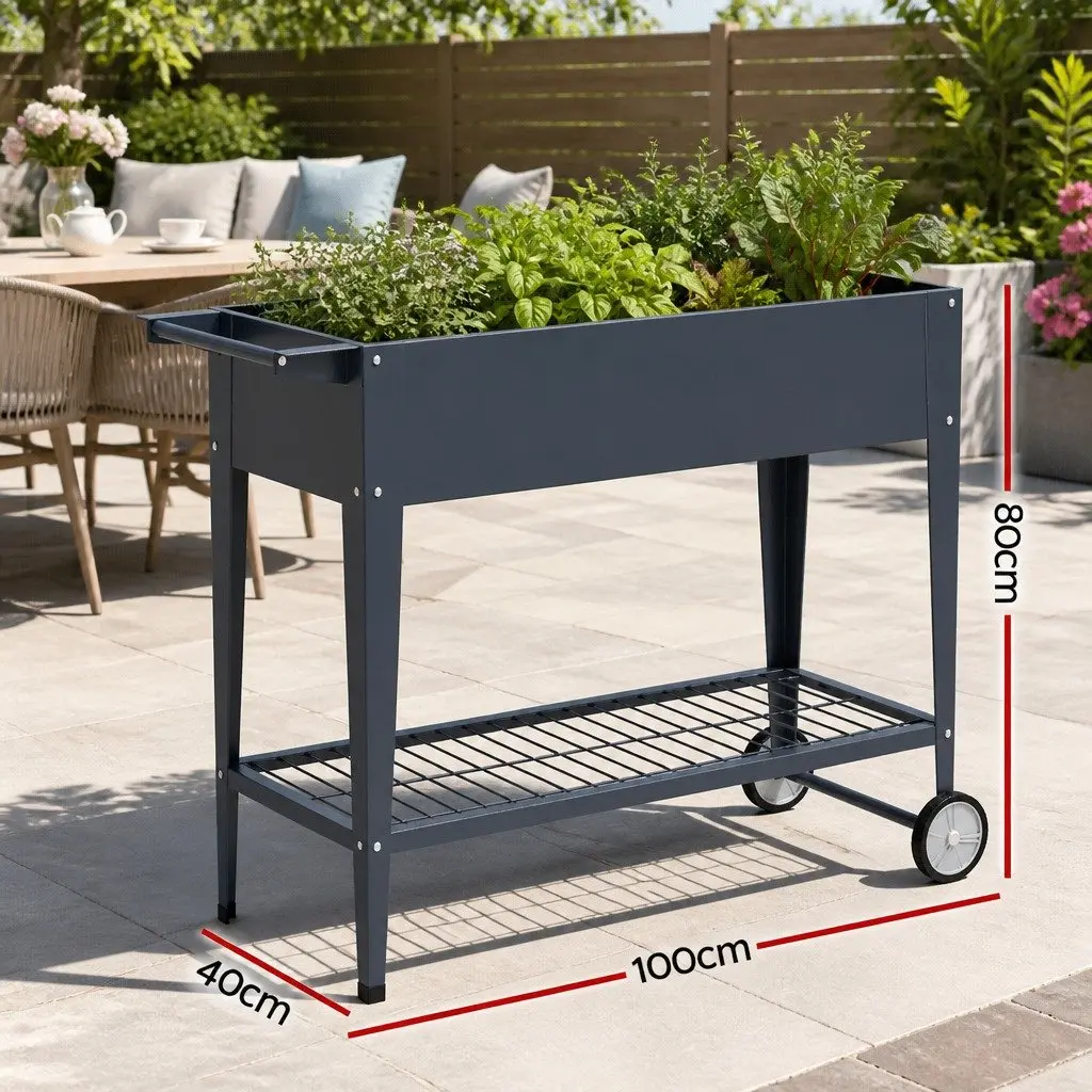 Raised Garden Bed Galvanized Steel 100x40x80cm Aluminium Grey Wheeled Planter Box