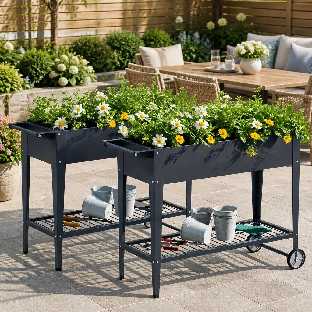 Raised Garden Bed Galvanized Steel 100x40x80cm Aluminium Grey Wheeled Planter Box