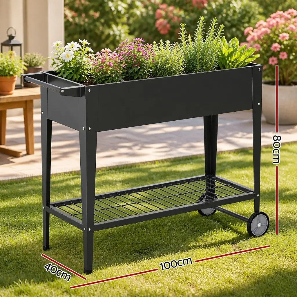 Raised Garden Bed Galvanized Steel 100x40x80cm Aluminium Grey Mobile Planter Box on Wheels