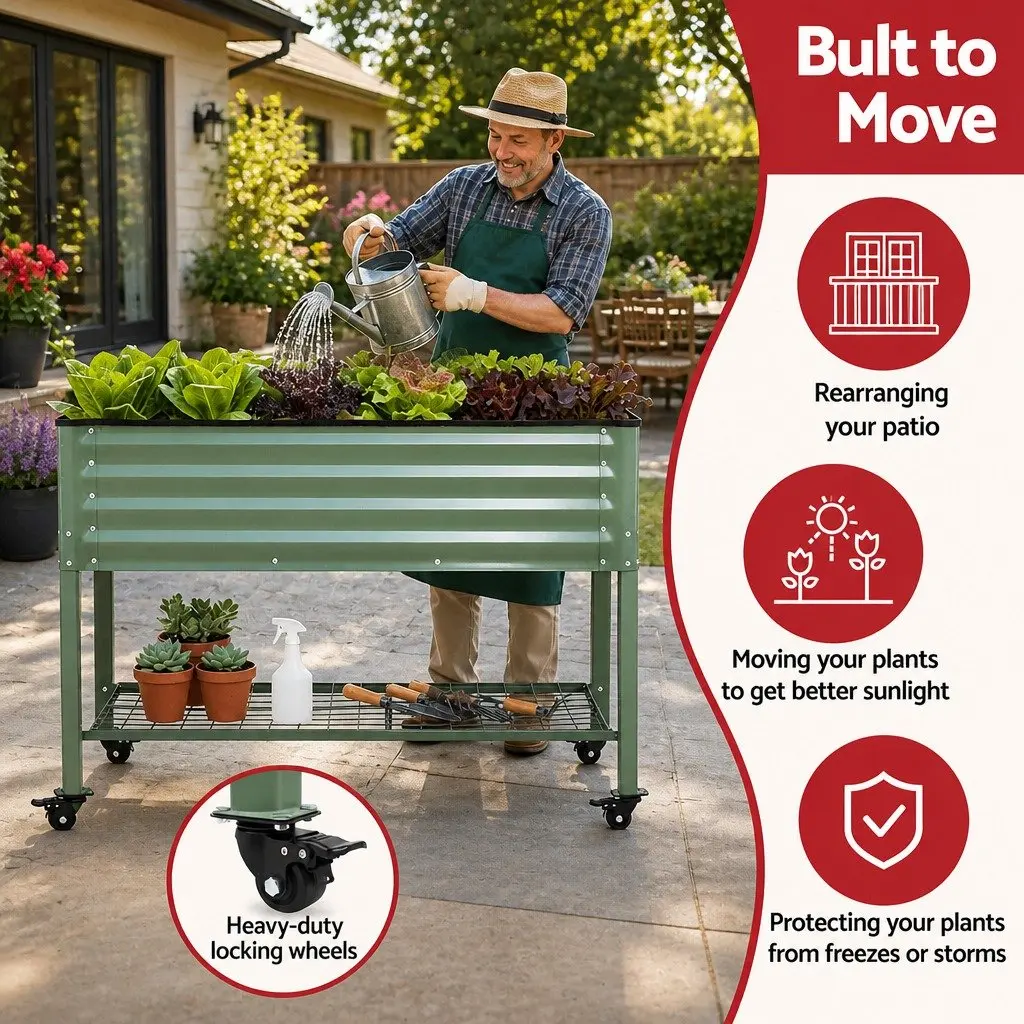 Elevated Garden Bed Galvanized Steel 115cm x 60cm x 81cm Green with Locking Wheels and Storage Shelf
