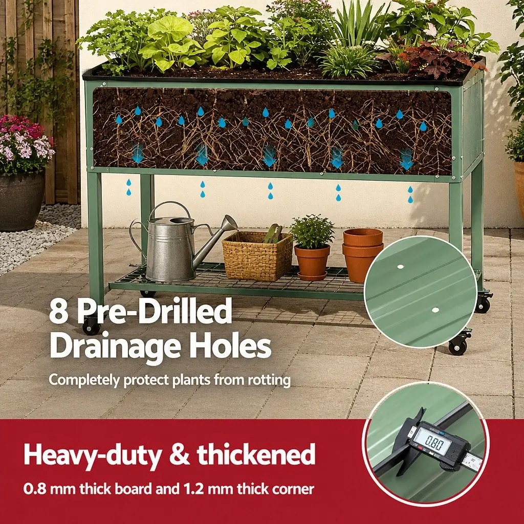 Elevated Garden Bed Galvanized Steel 115cm x 60cm x 81cm Green with Locking Wheels and Storage Shelf